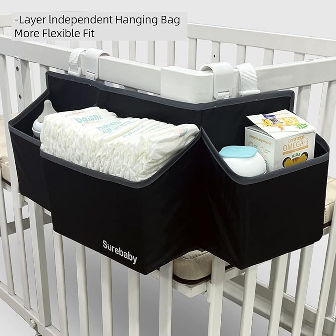 Hanging Baby Diaper Caddy, 3-in-1 Changing Table Diaper Organizer Holder For Baby Crib, Nursery Organization Diaper Stacker Storage For Crib, Changing Table-Black