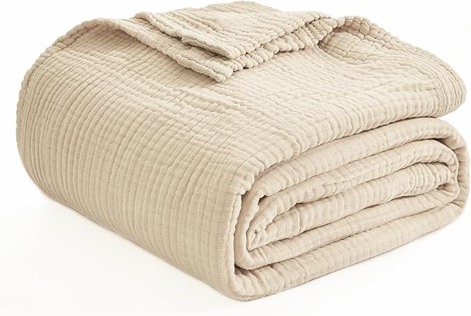 EMME Cotton Muslin Blanket Twin XL - 66"x90" Lightweight Breathable Light Tan Layering Bedspread Coverlet All Season Gauze