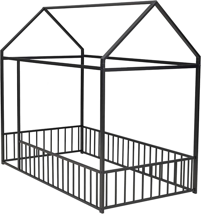 Bellemave Twin Size Montessori Floor Bed, Metal House Bed Framefor Kids, Montessori Floor Beds with Fence, Playhouse for Kids,Black