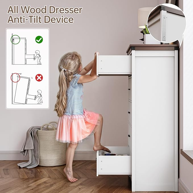 Farmhouse 5 Drawer Dresser for Bedroom, 47" Tall Chest of Drawers, Wood White Dresser with Deep Drawers, Storage Dressers Organizer for Bedroom, Living Room, Hallay, White