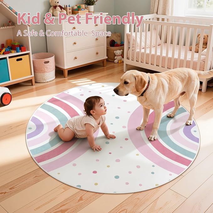 STARUIA Pink Round Rug for Girls, 5 Ft Rainbow Kids Rug for Nursery, Colorful Washable Rugs for Bedroom, Non-Slip Circle Time Rugs Soft Polka Carpet for Kids Room Princess Castle