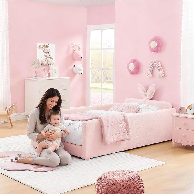 Twin Bed with Rails, Montessori Bed Frame for Toddlers, Boucle Upholstered Platform Bed with Rabbit Ear Headboard, for Kids & Teens, Pink