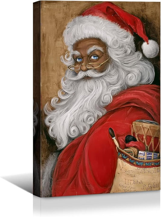 YONICA Christmas Canvas Wall Art Vintage Santa 24x32 Inch Retro Gift Bag with Toys - Large Framed Gallery Wrapped Traditional Decor