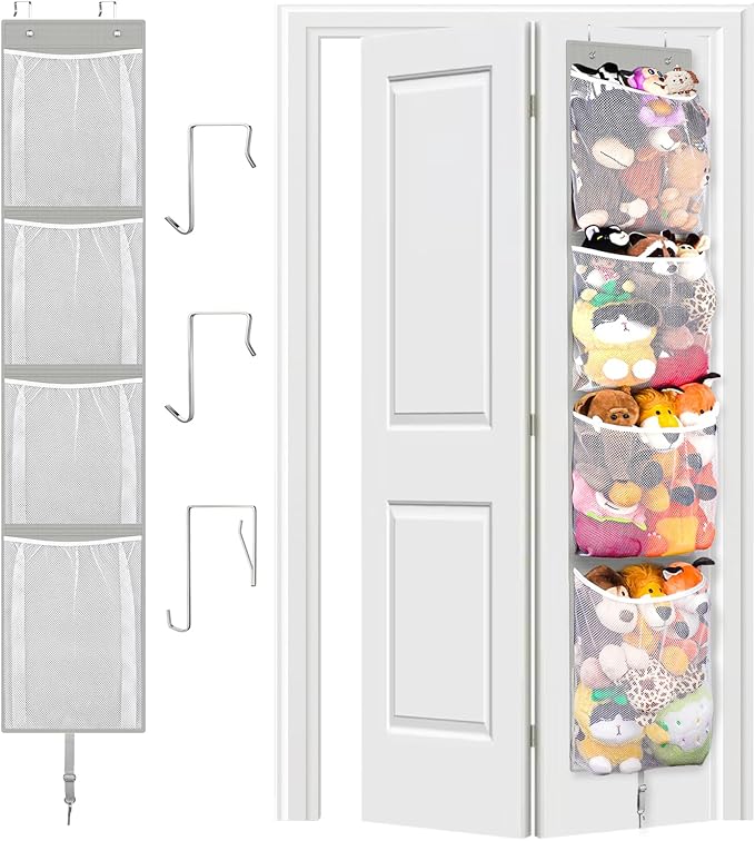 Stuffed Animal Storage Over Door, Hanging Toy Organizer, Plush Doll & Bear Baby Accessory Holder Idea for Nursery, 12 Inch Wide Mesh Bag for Bi-Fold Door Closet Girl Boy Kid