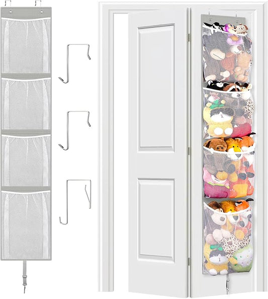 Stuffed Animal Storage Over Door, Hanging Toy Organizer, Plush Doll & Bear Baby Accessory Holder Idea for Nursery, 12 Inch Wide Mesh Bag for Bi-Fold Door Closet Girl Boy Kid