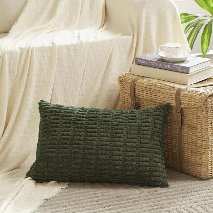 Fancy Homi 2 Packs Boho Olive Green Decorative Throw Pillow Covers 12x20 Inch for Couch Bed Sofa, Rustic Modern Farmhouse Home Decor, Soft Plush Corduroy Cute Square Cushion Case 30x50 cm