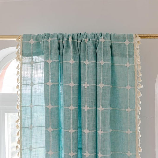 Deeprove Boho Plaid Curtains 72 inch Length for Home Office Kitchen Nursery, Semi Blackout Farmhouse Tassels Window Treatment Bohemian Embroidery Drape Rod Pocket 1 Panel 52" W x 72" L, Aqua