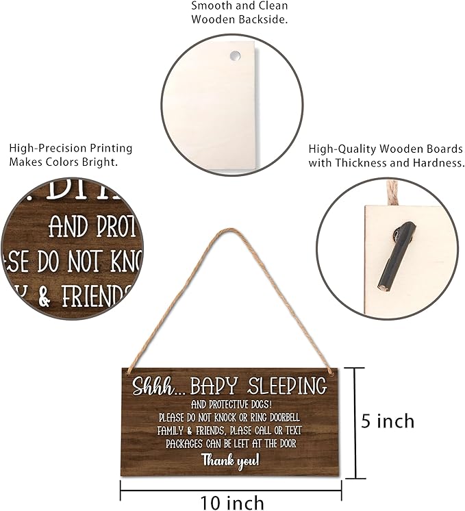 Please Do Not Knock Or Ring Doorbell Wooden Plaque Sign, No Soliciting Warning Reminder Sign, Baby Sleeping Sign For Front Door - HF01