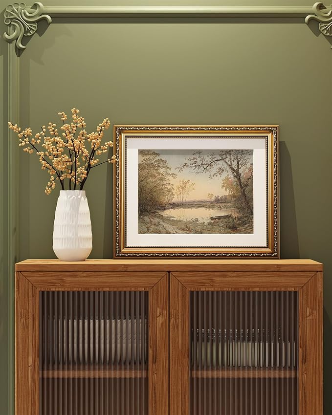ARPEOTCY Vintage Gold Framed Wall Art, Nature Fall Landscape Riverside Trees Paintings, Victorian Wall Decor for Living Room Bedroom Bathroom, Canvas Prints Antique Pictures Frame Artwork, 13x16 inch