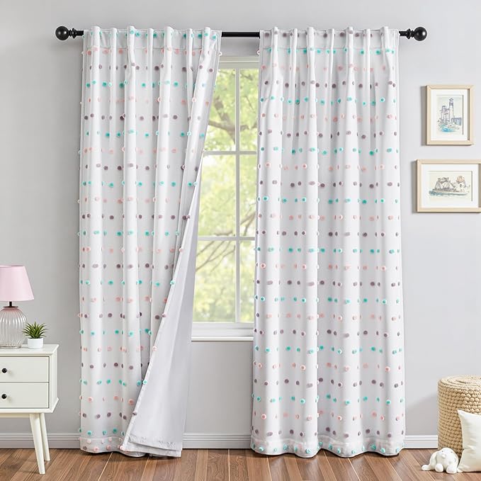 MYSKY HOME Total Blackout Curtains for Kids Room 84 Inch Long 100% Light Blocking Darkening Nursery Rainbow Curtain for Living Room 2 Panels Back Tab Double Layer Drapes with Pom Pom Sheer 52W x 84L