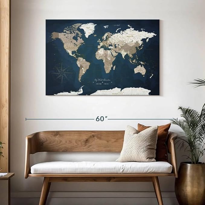 ElephantStock - My World Adventures Push Pin Travel Map I Wall Art - Horizontal Canvas Wall Art - Living Room Wall Decor - Printmaking Map Canvas Art - Blue And Beige Decor - 45" x 30"