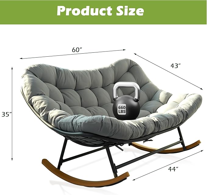 Double Papasan Rocking Chair for Outdoor & Indoor, 660LBS Capacity Oversized Patio Rocking Chair for 2-Person with Cushion and Frame,Comfortable Rocker for Garden, Deck, Living Room,Grey