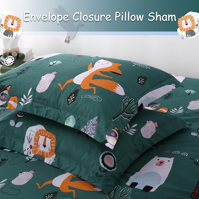 JSD Green Forest Animal Kids Duvet Cover Set Queen Size, 3 Piece Soft Printed Microfiber Comforter Cover with Pillow Sham Zipper Closure, Comforter Not Included