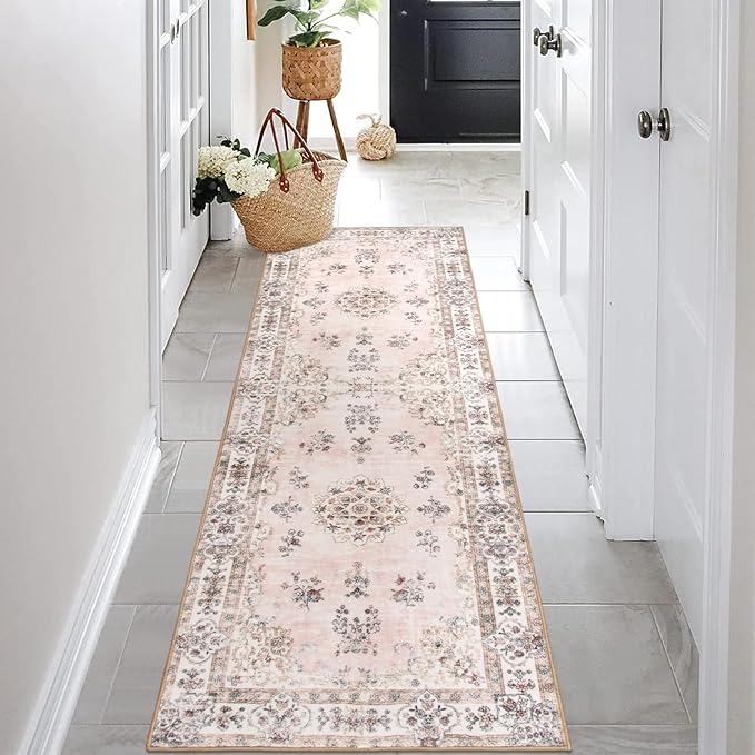Lahome Pink 2'6"x8' Runner Rugs for Hallway, Europe Vintage Floral Print Washable Runner for Kitchen Bathroom Entryway, Faux Wool Non-Slip Stain Resistant Mat for Floor Protection