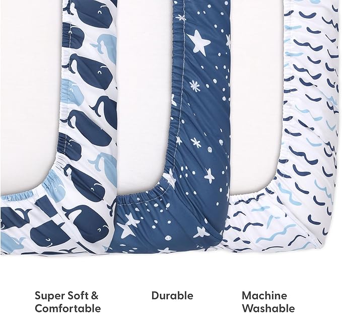 The Peanutshell 3-Pack Fitted Playard Sheets - Soft & Breathable Baby Boy or Girl Mini Crib Sheets, Pack N Play Mattress, Fits Standard Playard Pack Play Mattresses - Nautical