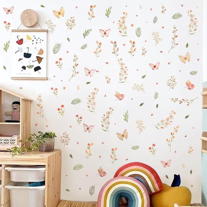 Boho Flower Wall Sticker Small Floral Wall Decals Peel and Stick Wildflower Leaf Sticker Removable Watercolor Girls Room Decal Flower Butterfly Decals for Nursery Baby Room Bedroom Decor