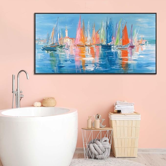 Large Framed Nautical Wall Art, Living Room Modern Coastal Wall Decor, Abstract Sailboats Seascape Paintings, Canvas Prints, Colorful Venice Coastal Scene Seaside Bedroom Bathroom Artwork, 16x30inch