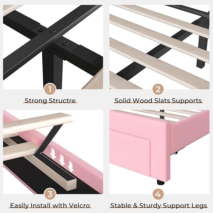 BTHFST Twin Size Girl Bed with Storage Drawer & LED Lights, Upholstered Platform Bed, Adjustable Headboard with Velvet Crystal Button Princess Bed, Solid Wood Slats Support, No Box Spring Needed, Pink