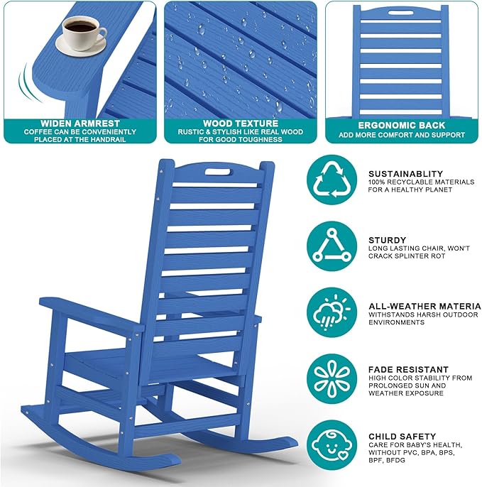 Outdoor Rocking Chair Set of 6 with Removable Footboard for Adults, HDPE High Back Patio Rocking Chairs, 330lbs All Weather Porch Rocking Chairs for Outdoor & Indoor -Navy Blue