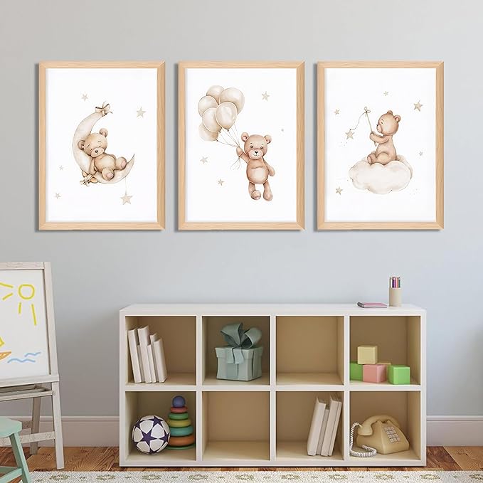 Framed Teddy Bear Wall Art Nursery Decor Set of 3, Bear Sleeping on The Moon and Stars Pictures Canvas, Neutral Bears Poster Prints Wall Decor for Kids Baby Room Girls Children Room – 16x24 inch