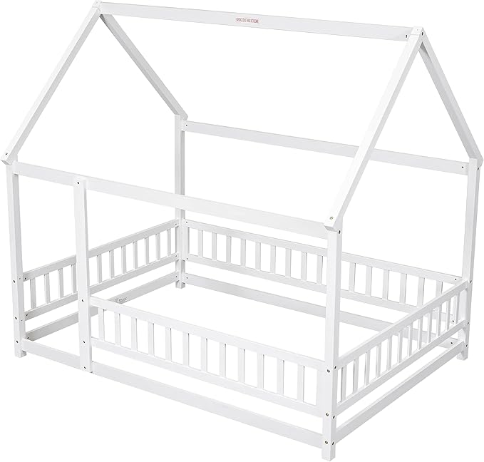 Bellemave Full Size House Floor Bed,Wooden Montessori Bed with Fence and Roof for Kids,Playhouse Full Bed Frame for Girls,Boys(Full,White)