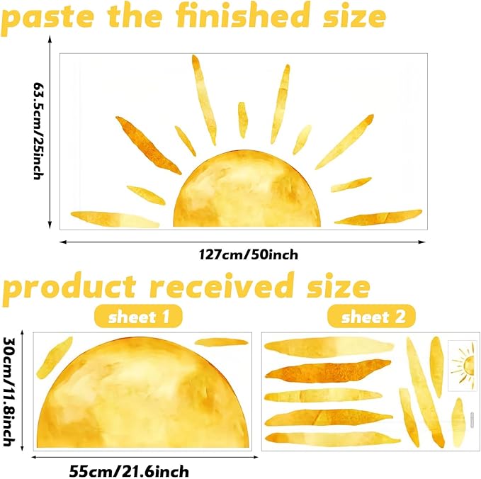 Sun Wall Decals Removable Peel and Stick Window Clings 2-Sheet Set Large Boho Sun Wall Stickers for Kids Room, Nursery Classroom,Playroom Decor