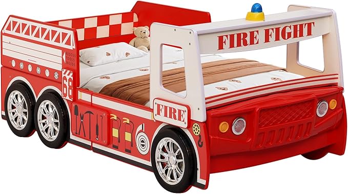Bed Frames for Kids Fire Truck-Shaped Wooden Platform Bed Frame with LED Lights, Bed Platform with Wood Slat Support, Twin Size Chidren Bed Frame of Car Design,Fits Standard Twin Mattres(Red)