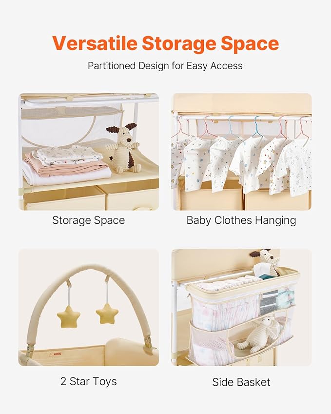VEVOR Baby Changing Table, Adjustable Height Diaper Change Station with 2 Fabric Drawers, Side Basket and Hanging Rod, Foldable Changing Table with Lockable Wheels and 2 Star Toys, Light Beige