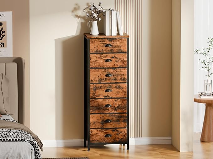Furnulem Bedroom Dresser with 7 Drawers,Tall Industrial Fabric Chest of Drawers, Vertical Storage Tower Bedside Furniture in Living Room,Closet,Entryway-Sturdy Steel Frame(Rustic Brown)