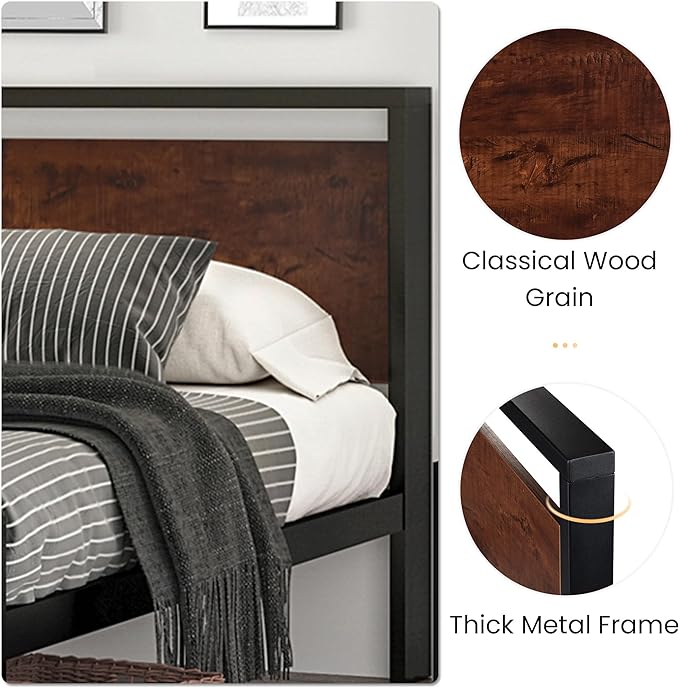 SHA CERLIN 14 Inch King Size Metal Platform Bed Frame with Wooden Headboard and Footboard, Mattress Foundation, No Box Spring Needed, Large Under Bed Storage, Mahogany