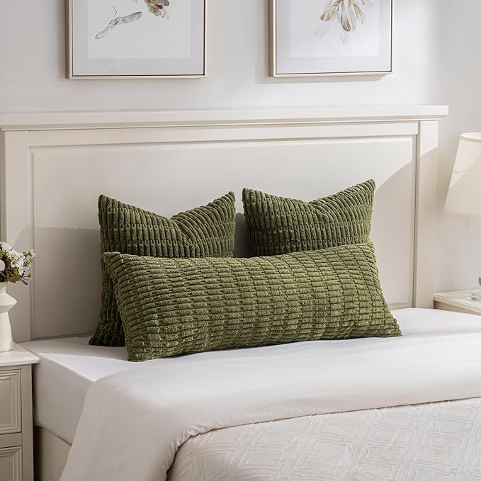 Fancy Homi 2 Packs Boho Moss Green Decorative Throw Pillow Covers 18x18 Inch for Couch Bed Sofa, Rustic Modern Farmhouse Home Decor, Soft Plush Corduroy Cute Square Cushion Case 45x45 cm