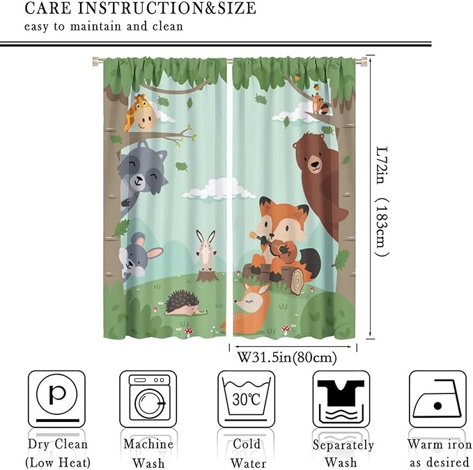 Forest Animals Curtains Colorful Forest Cartoon Cute Fox Bear Giraffe for Kids Boys Girls Nursery Bedroom Living Room Blackout Rod Pocket Decoration Window Drapes 2 Panels W31.5xL72in