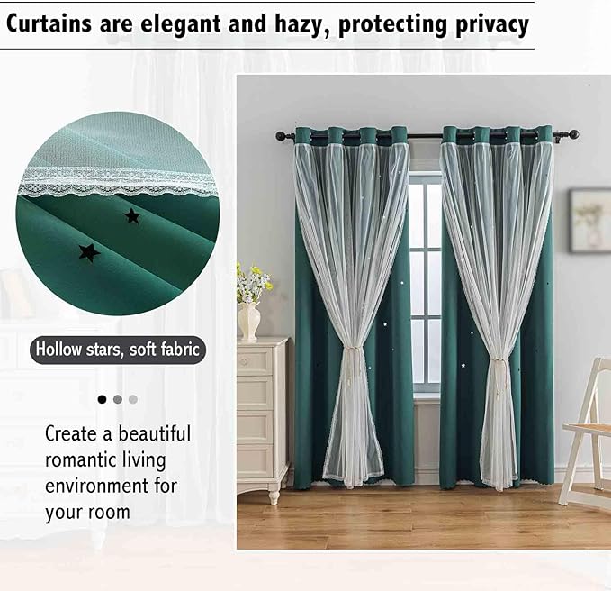 Anytime Romantic Kids Curtain,Hollow-Out Stars Window Curtain Double Layer Blackout Curtains for Girls Bedroom Kids Room 2Panel,(W52 x L63,Dark Green)