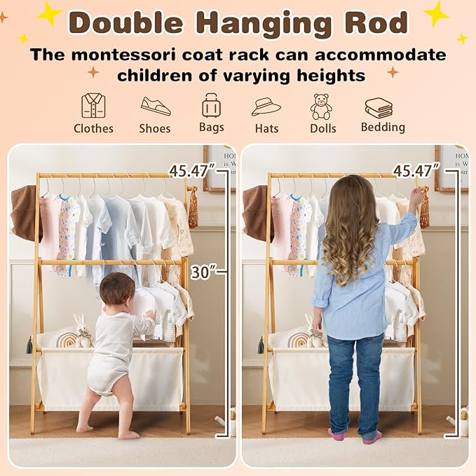 Kids Clothing Rrack- Kids Dress Up Rack for Little Girls, Bamboo Kids Clothes Rack, Toddler Dress Up Storage Rack & Folding Costume Rack, Double Rods, Pets Clothes Rack with Storage, Natural