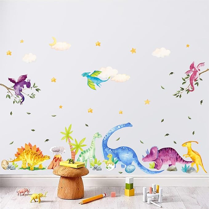 Watercolor Dinosaur Wall Decals, Cartoon Cute Dino Volcanic Wall Stickers, Peel and Stick Star Cloud Wallpaper for Baby Nursery Boys Bedroom Playroom Wall Decor