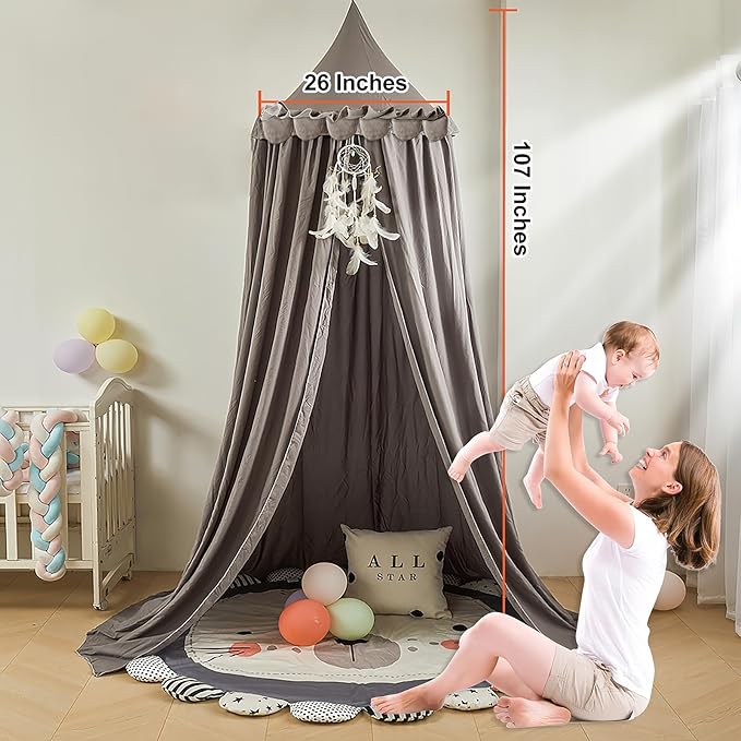 Princess Bed Canopy for Girls, Extra Large Hanging Canopy for Bed, Dreamy Play Tent for Girls Room Bedroom Decoration, Breathable Canopy Bed Curtain for Children Reading Nook - Ruffle Gray