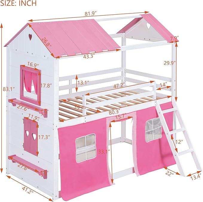 Twin Size House Bunk Bed with Elegant Windows and Sills, Solid Wood Tent Bed Frame with Guardrails for Kids Teens Boys Girls, Versatile Spacious Under Bed Space with Curtains (Pink+White T)