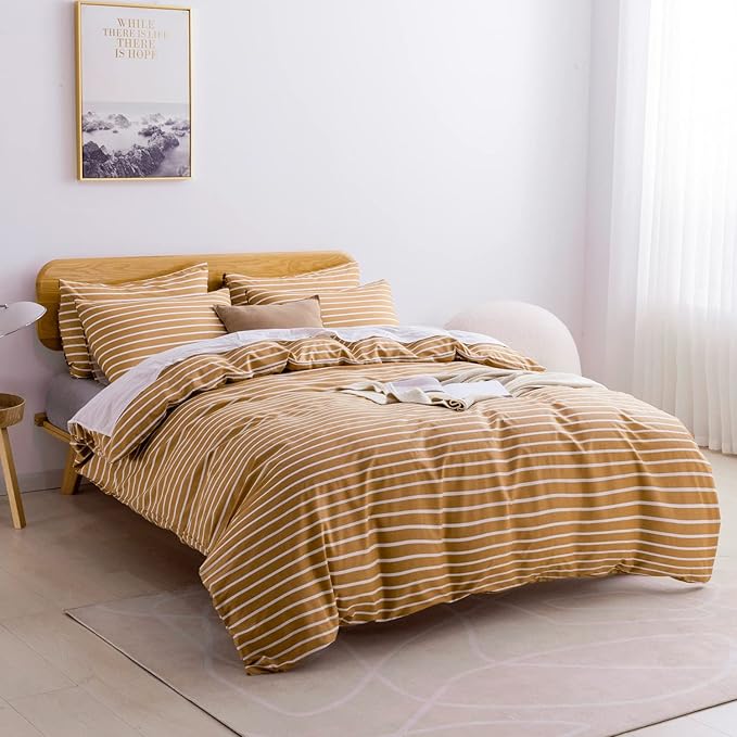 JELLYMONI King Duvet Cover Set, Cotton Duvet Cover 3 Pieces with Zipper Closure, 1 Duvet Cover and 2 Pillowcases(Rust with White Striped)