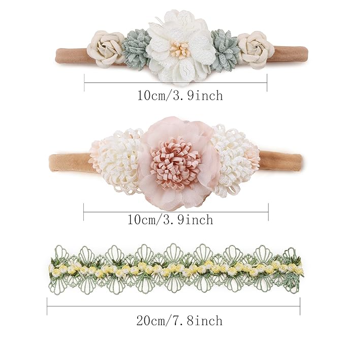 Baby Girl Floral Headbands- 3pcs Nylon Headband Handmade Flower Crown Elastic Hairband Newborn Toddler Hair Accessories Gifts for Girls （1-6 years old）