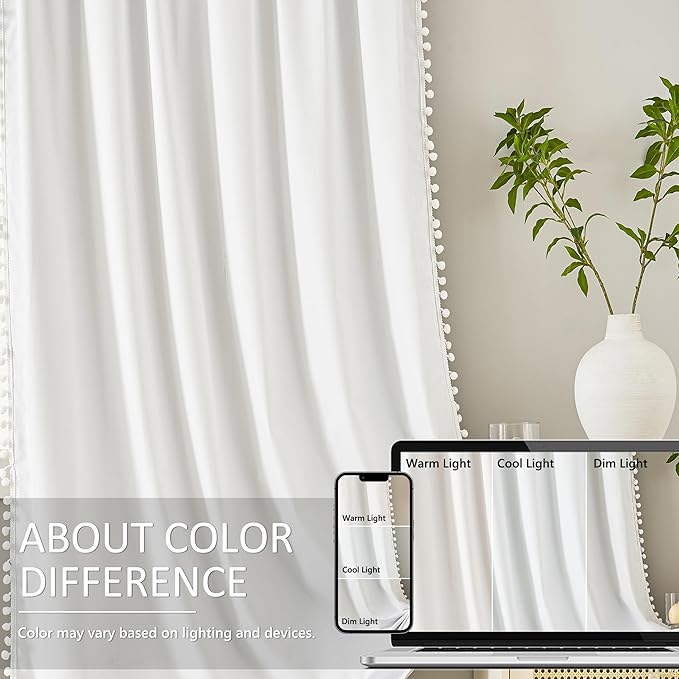 Treatmentex White Blackout Curtains for Living Room Bedroom 90inch Long Pom Pom Curtain Panels for Windows Thermal Insulated Curtains for Kids Nursery Room Rod Pocket 52" W x 2pcs