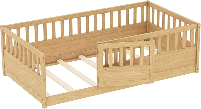 Bellemave Twin Floor Bed with Slats and High Fence, Twin Size Montessori Floor Beds with Door, No Box Spring Needed, Easy Assemble Montessori Bed Frame(Natural Twin)