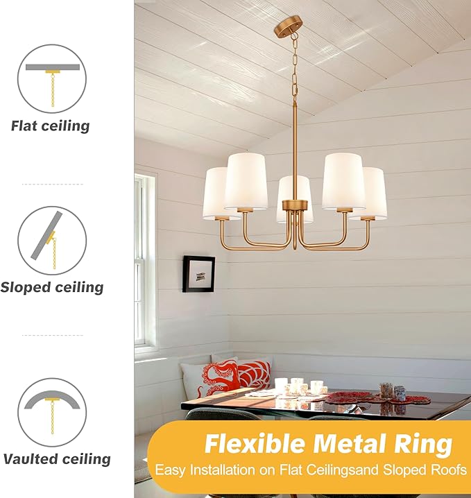 Farmhouse Chandelier, 5-Light Brass Chandelier with White Fabric Shade, Height Adjustable Modern Dining Room Light Fixture with E26 Base for Bedroom Foyer Hallway Entryway Kitchen Living Room