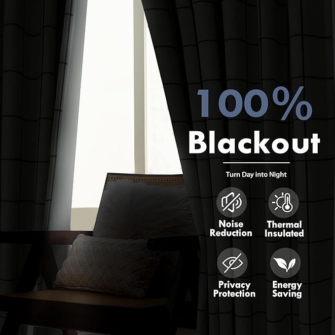 DriftAway 2 Panels 100% Blackout Windowpane Plaid Linen Curtains Double Layer Drapes for Bedroom 63 Inches Long Farmhouse Thermal Insulated 3.25 Inch Rod Pocket Back Tab for Living Room Navy Blue