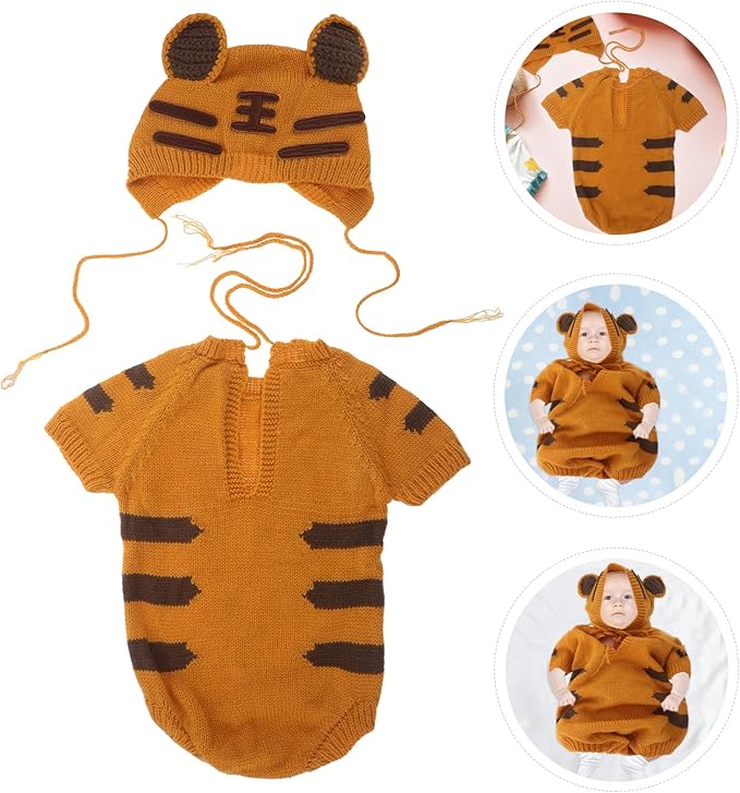 LOGOFUN Baby Tiger Romper with Hat for Photo Shoot Soft Newborn Jumpsuit Children Costume 1-6 Months Photography Prop