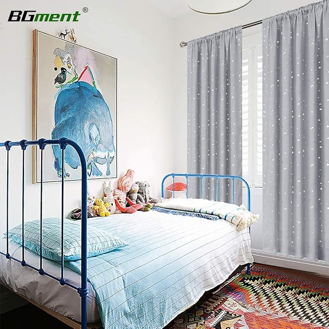 BGment Kids Blackout Curtains for Bedroom, Rod Pocket Room Darkening Curtains Decoration Thermal Insulation Window Drapes for Nursery, Children Room, 2 Panels, Each 52 x 84 Inch, Light Grey