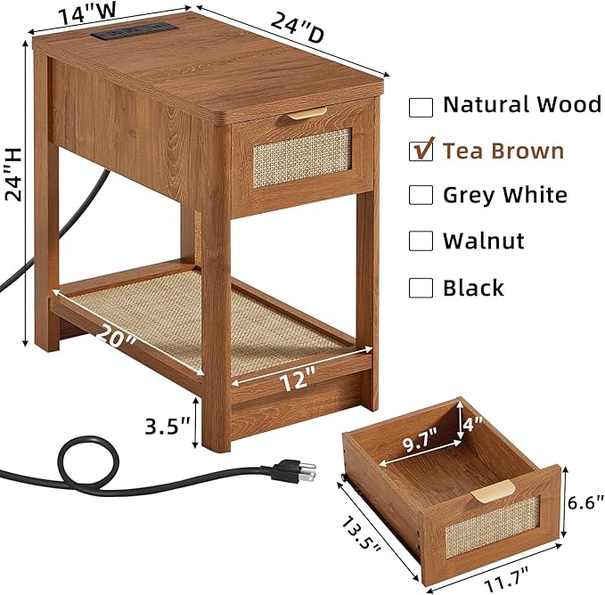 Lerliuo Narrow Night Stand Set of 2 with Charging Station, Boho Nightstand with Drawer, Bed Side End Table with Rattan Shelf for Small Spaces, Wood Nightstands Bedside Tables for Living Room Bedroom