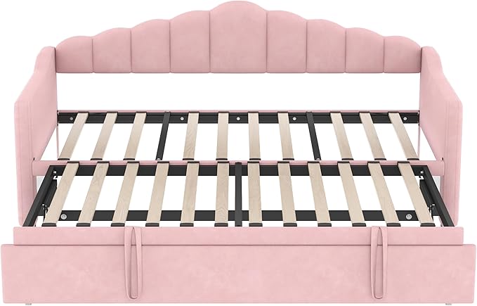 SOFTSEA Twin Velvet Daybed with Pop Up Trundle, Upholstered Extendable Corner Bed with USB Ports & Storage Pockets, Twin to King Daybed Frame with Storage for Kids Teens Adults, Pink