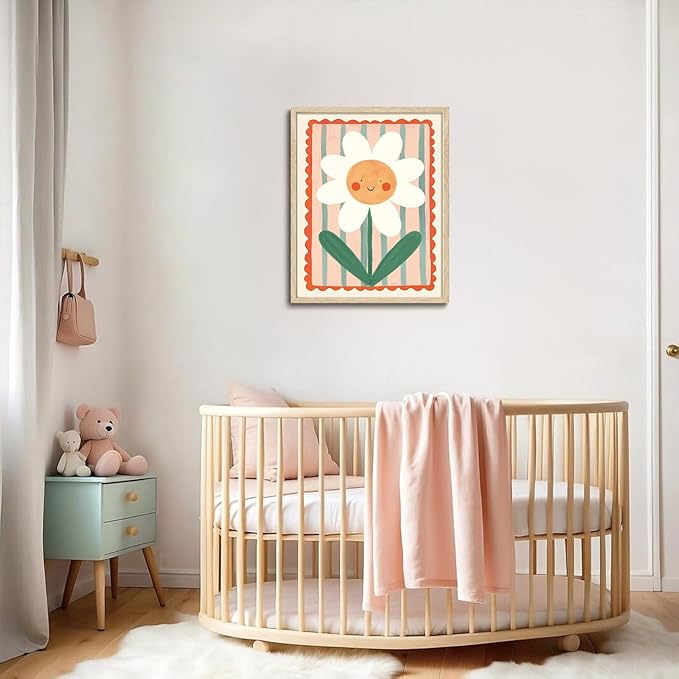 KISSFOX Framed Wall Art Nursery Wall Decor Sunshine Floral Pictures Kids Cute Flower Canvas Art Colorful Daisy Paintings Sweet Whimsical Artwork For Children Boys Girls Room