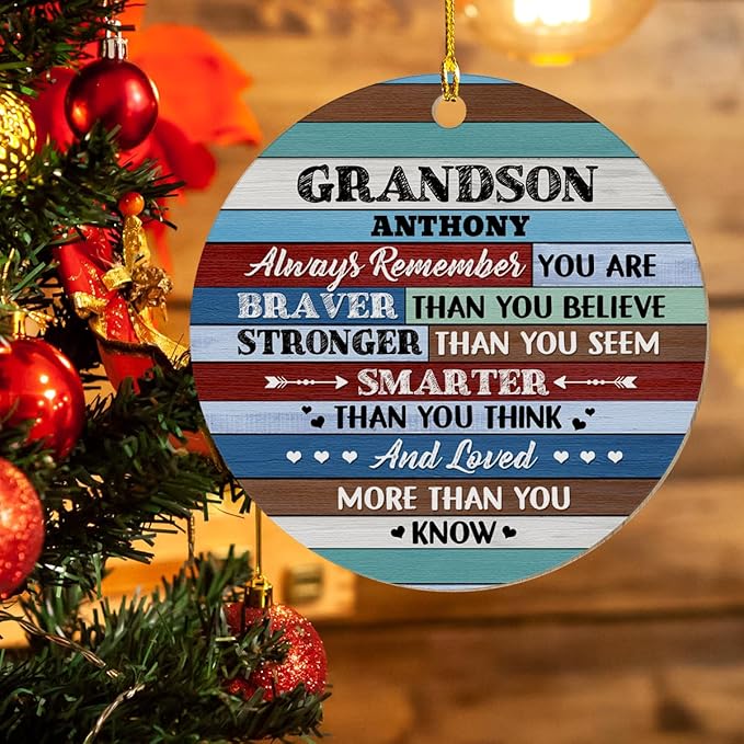 wowcugi Personalized Grandson Ornament for Christmas Tree Custom Inspirational Grandsons Wood Ornaments Xmas Tree Decorations Keepsake Gifts for Grandbaby from Grandparent Grandpa Grandma