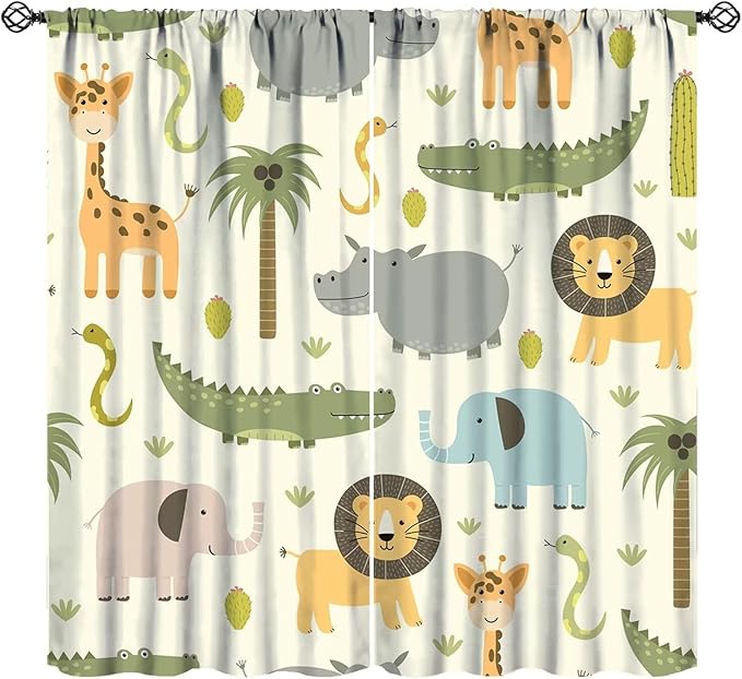 Cartoon Blackout Curtains Cute Jungle Forest Animals Tree Colorful Kids Baby Bedroom Nursery Living Room Decor Rod Pocket 2 Panels 63x63in